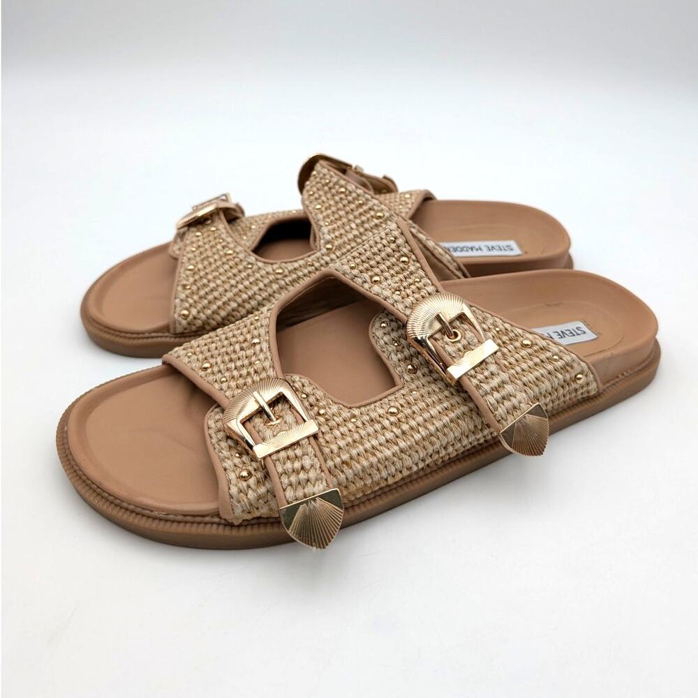 Steve Madden Connely Buckle Slide Sandals Womens Raffia Sz US11 EU41.5 - Picture 1 of 10